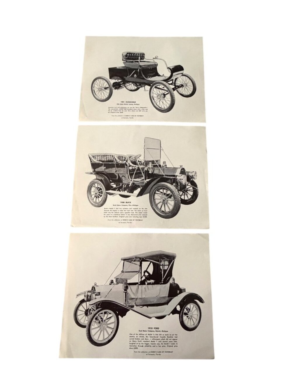 1901 Oldsmobile 1908 Buick 1910 Ford Antique Car Print Set of 3 Vintage Auto Col